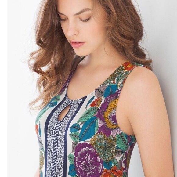 Soma Keyhole Sleeveless Short Dress Garden Bloom Ivory Sz S Floral Print - Picture 2 of 7